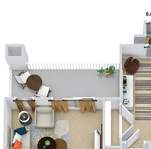 Calypso 3D. 1 bedroom apartment. Kitchen with bartop open to living/dinning rooms. 1 full bathroom. Large closet. Storage room. Patio/balcony.